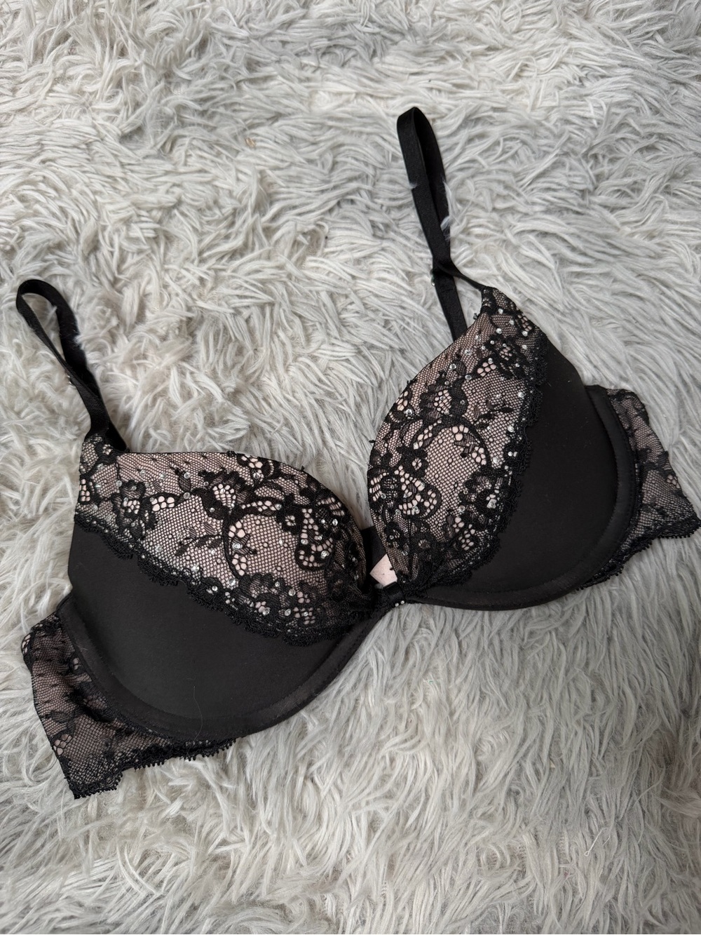 Victoria’s Secret VS Padded Demi Bra 32C Black Lace Rhinestones